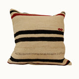 Cream red and black striped neutral kilim pillow cover handmade from vintage Turkish wool

