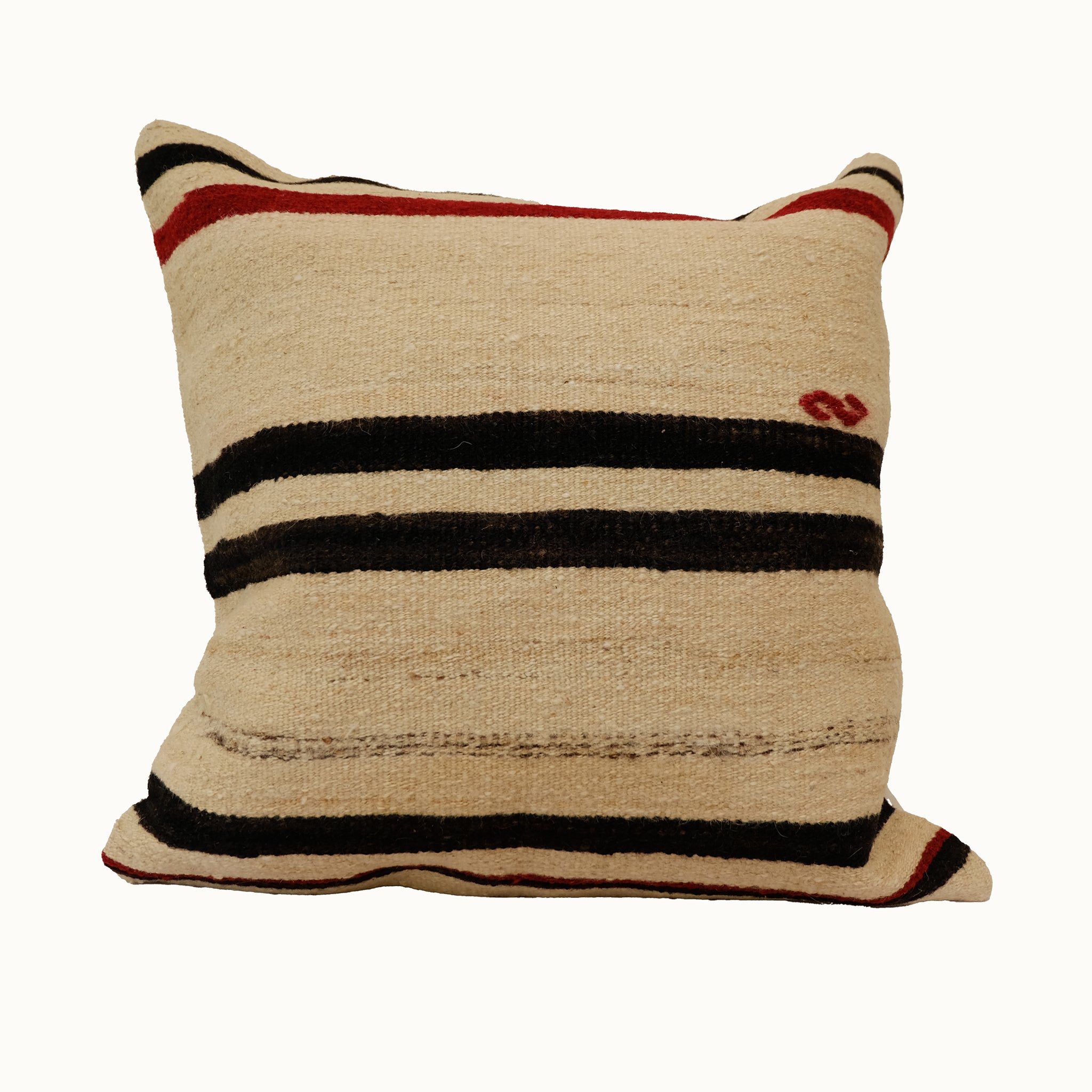 Cream red and black striped neutral kilim pillow cover handmade from vintage Turkish wool
