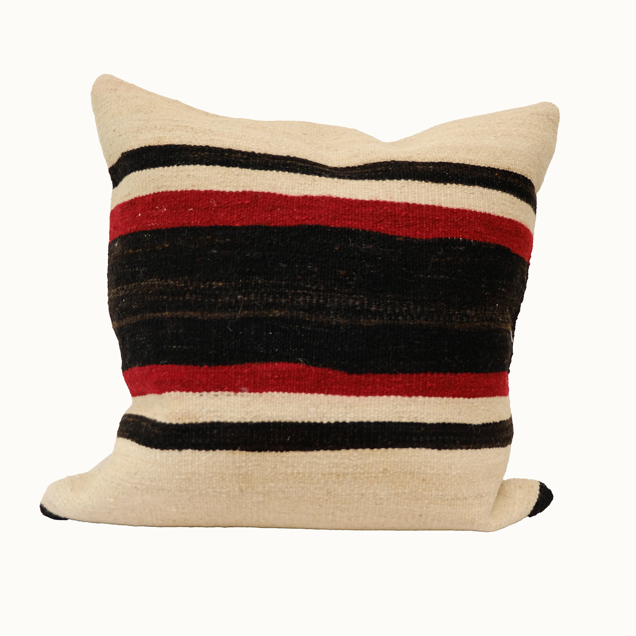 Bold red and black striped neutral kilim pillow cover handmade from vintage Turkish wool
