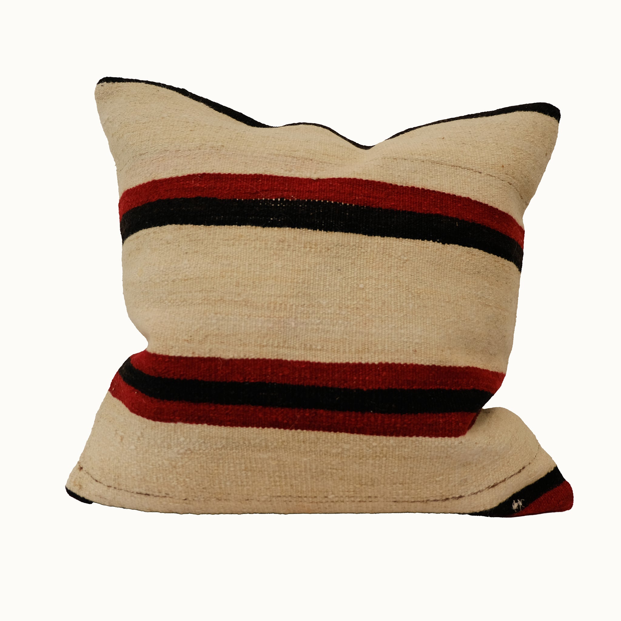 Wide red and black striped neutral kilim pillow cover handmade from vintage Turkish wool
