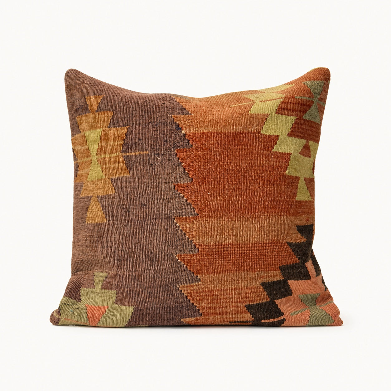 Rust Step vintage kilim pillow cover with rust orange, charcoal, olive, and cream stepped kilim pattern, 20x20
