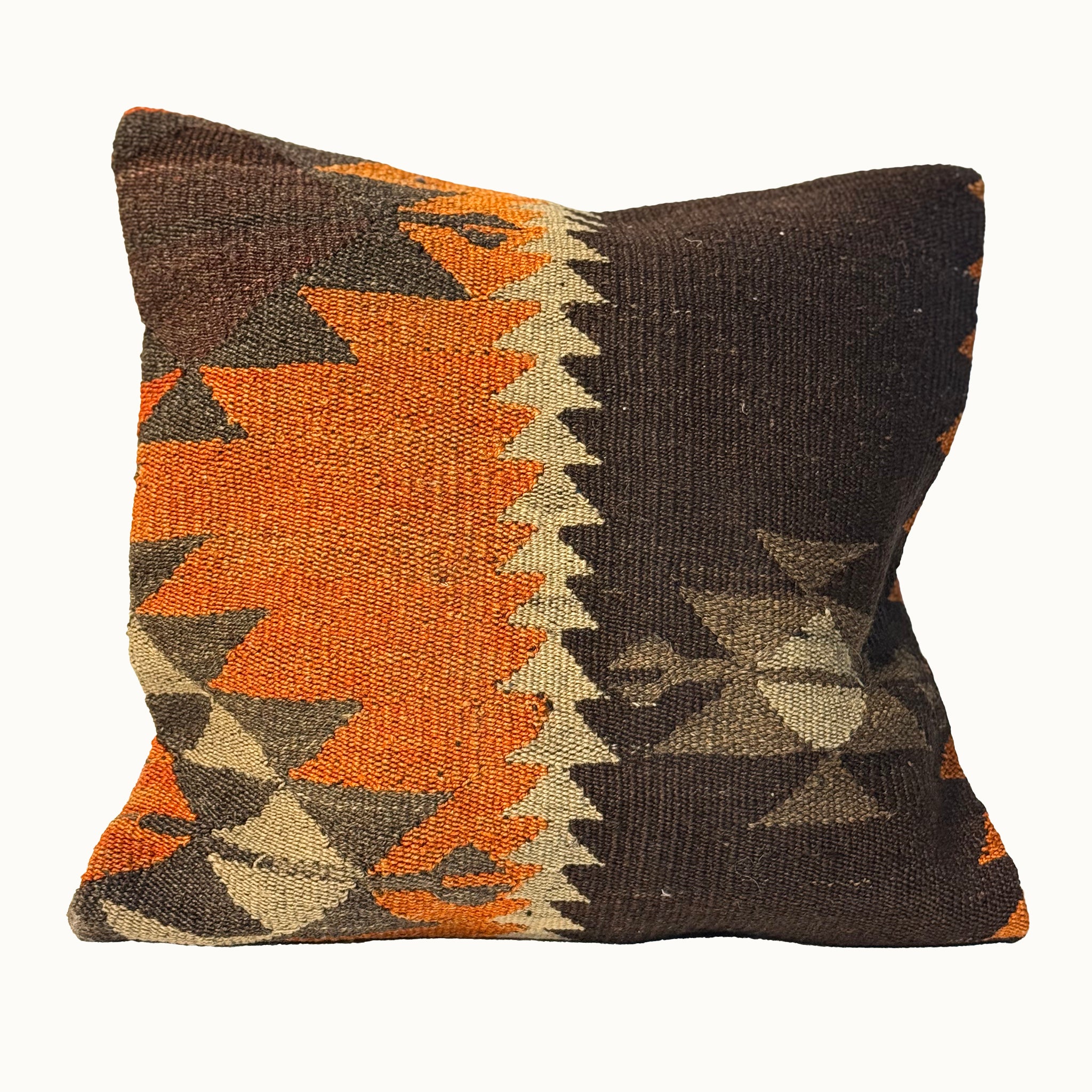 Ember Corner vintage kilim pillow cover with burnt orange, charcoal, and cream geometric corner motif, 20x20
