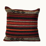 Red Ink Stripe vintage kilim pillow cover with red, black, and cream horizontal striped kilim pattern, 16 x 16.
