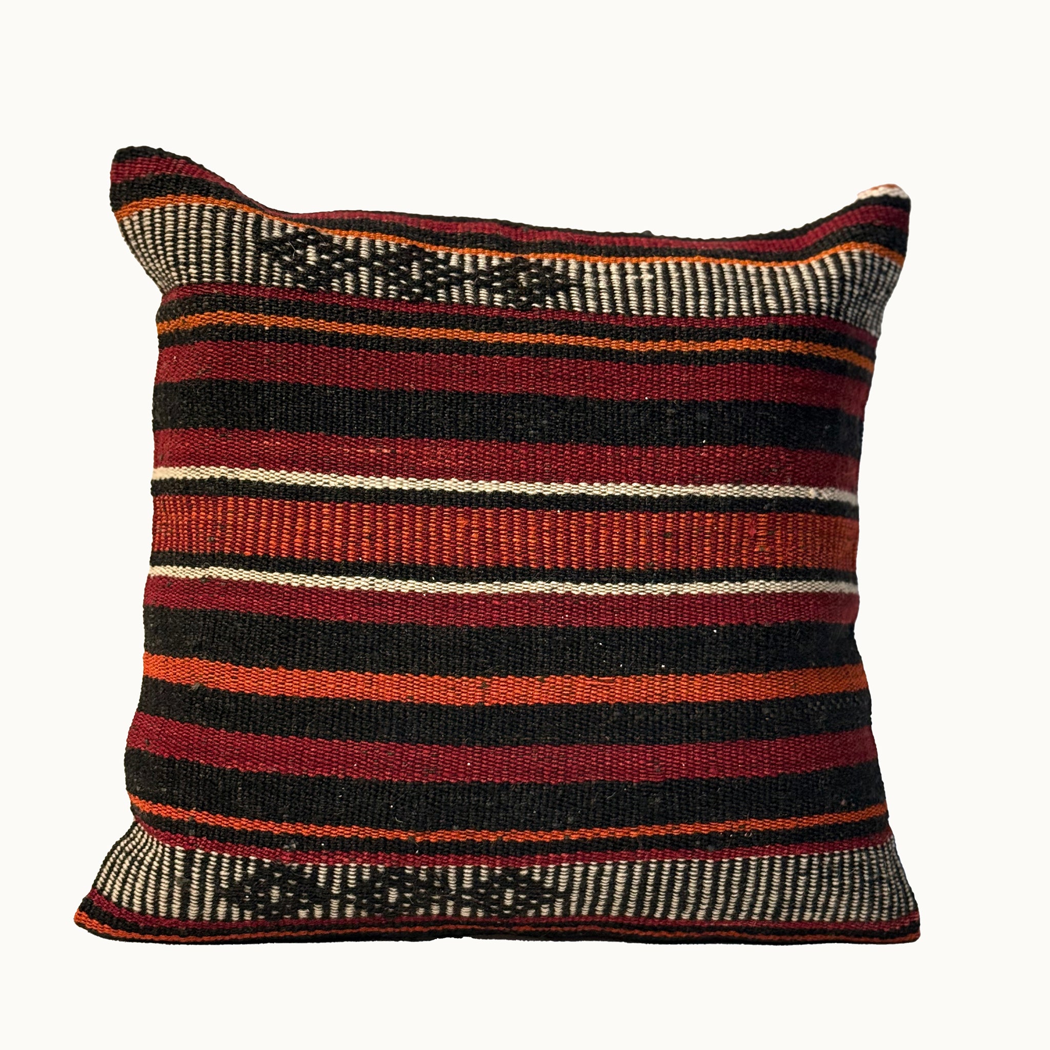 Red Ink Stripe vintage kilim pillow cover with red, black, and cream horizontal striped kilim pattern, 16 x 16.
