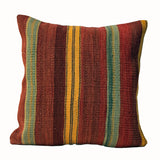 Autumn Stripe vintage kilim pillow cover with rust, olive, tan, and brown vertical striped kilim pattern, 16 x 16.
