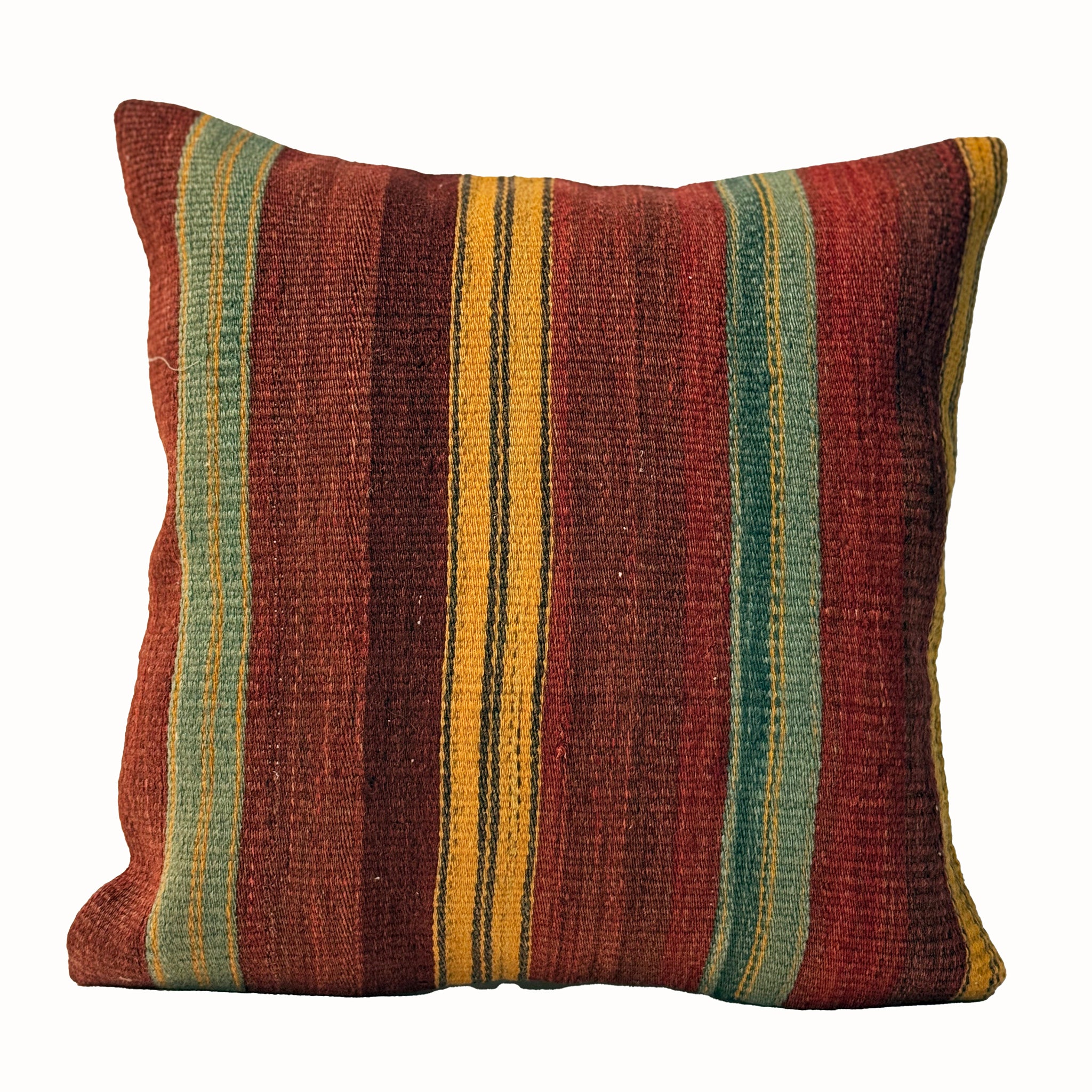 Autumn Stripe vintage kilim pillow cover with rust, olive, tan, and brown vertical striped kilim pattern, 16 x 16.
