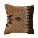 Walnut Motif vintage kilim pillow cover with brown and tan kilim pillow with small black geometric motifs, 16 x 16.
