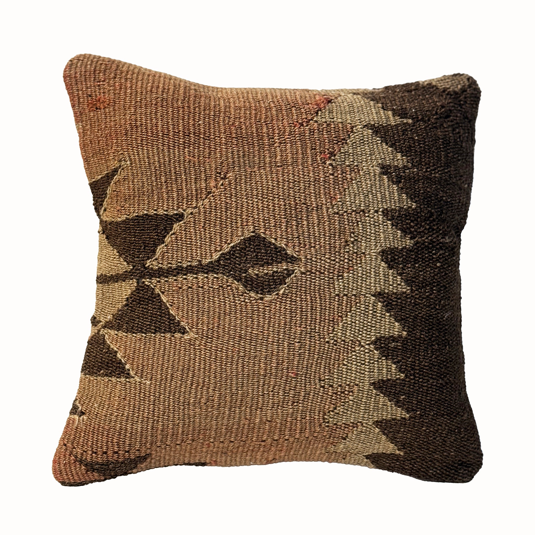 Walnut Motif vintage kilim pillow cover with brown and tan kilim pillow with small black geometric motifs, 16 x 16.
