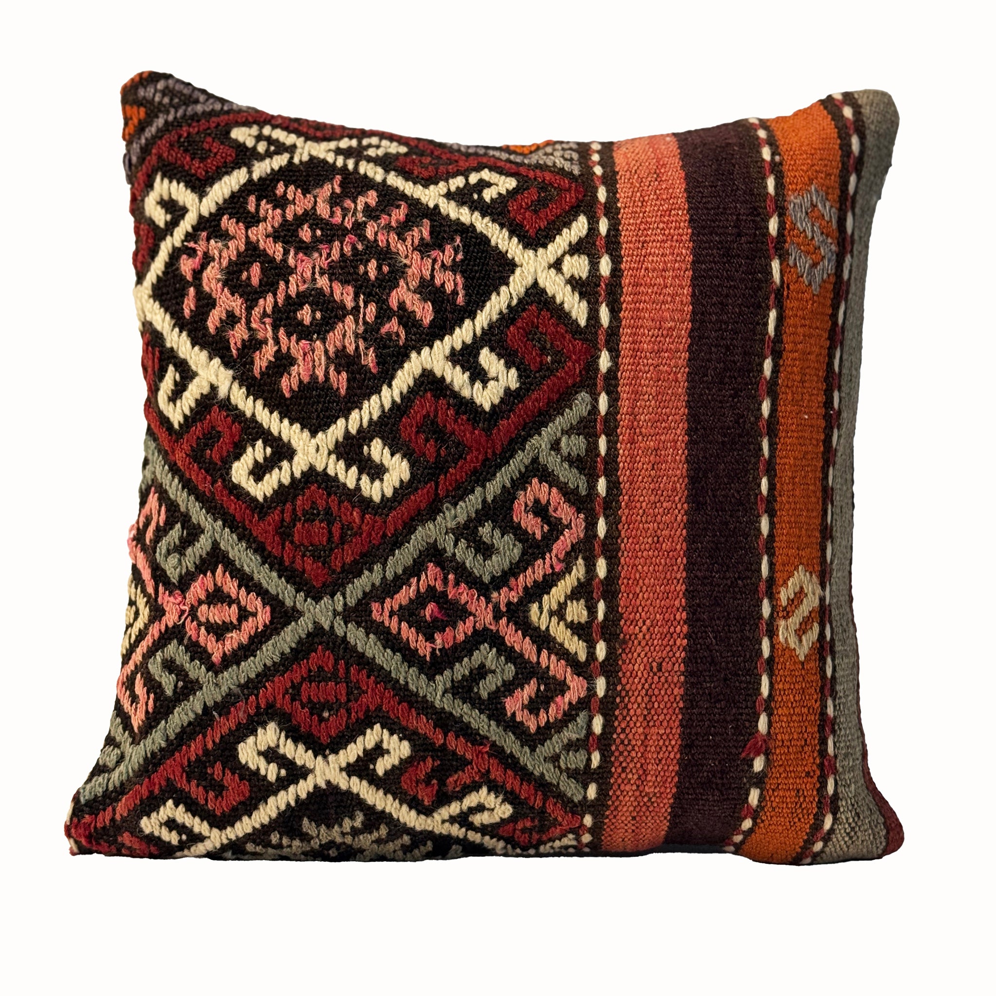 Heritage Diamond vintage kilim pillow cover with deep red, olive, cream, and black diamond kilim motif, 16 x 16.
