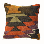 Canyon Steps vintage kilim pillow cover with terracotta, orange, charcoal, and olive stepped kilim pattern, 16 x 16.
