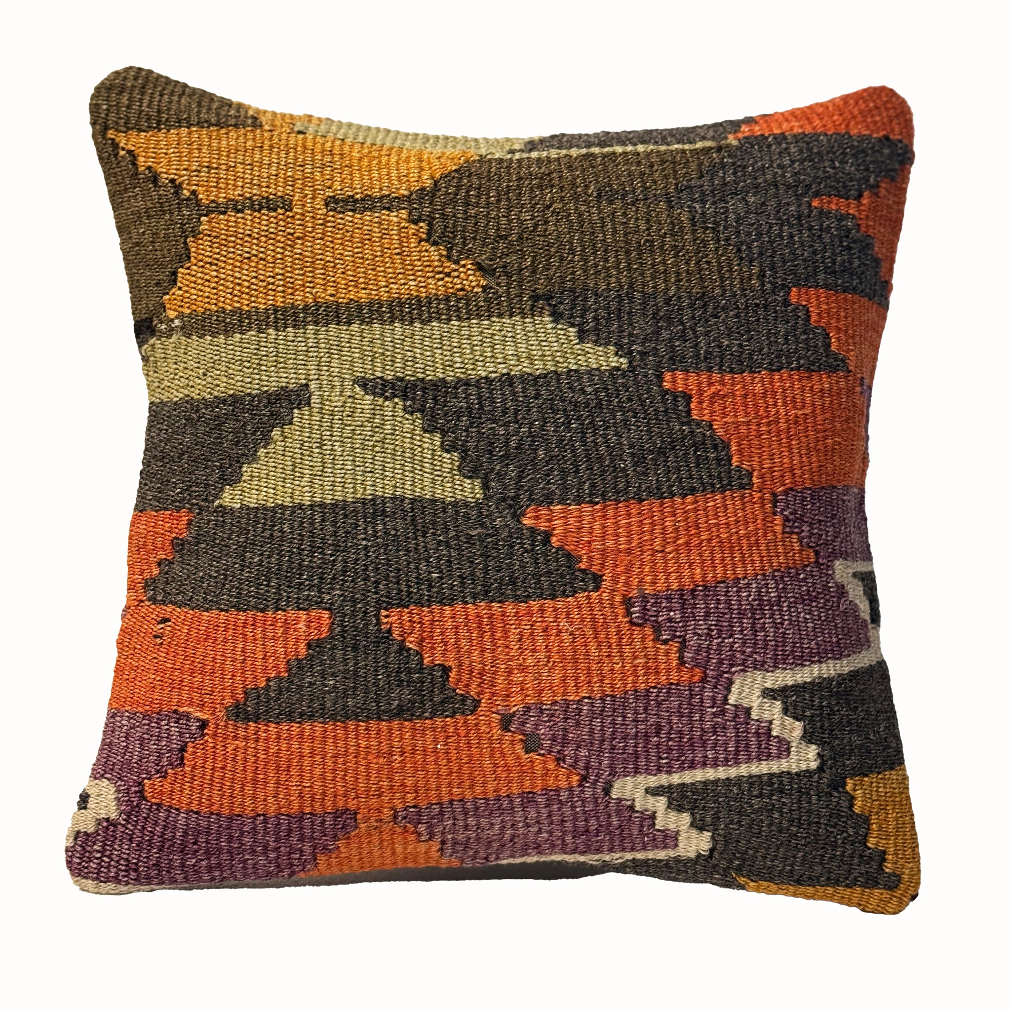 Canyon Steps vintage kilim pillow cover with terracotta, orange, charcoal, and olive stepped kilim pattern, 16 x 16.
