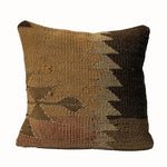 Olive Arrow vintage kilim pillow cover with olive, brown, cream, and charcoal arrow kilim motif, 16 x 16.