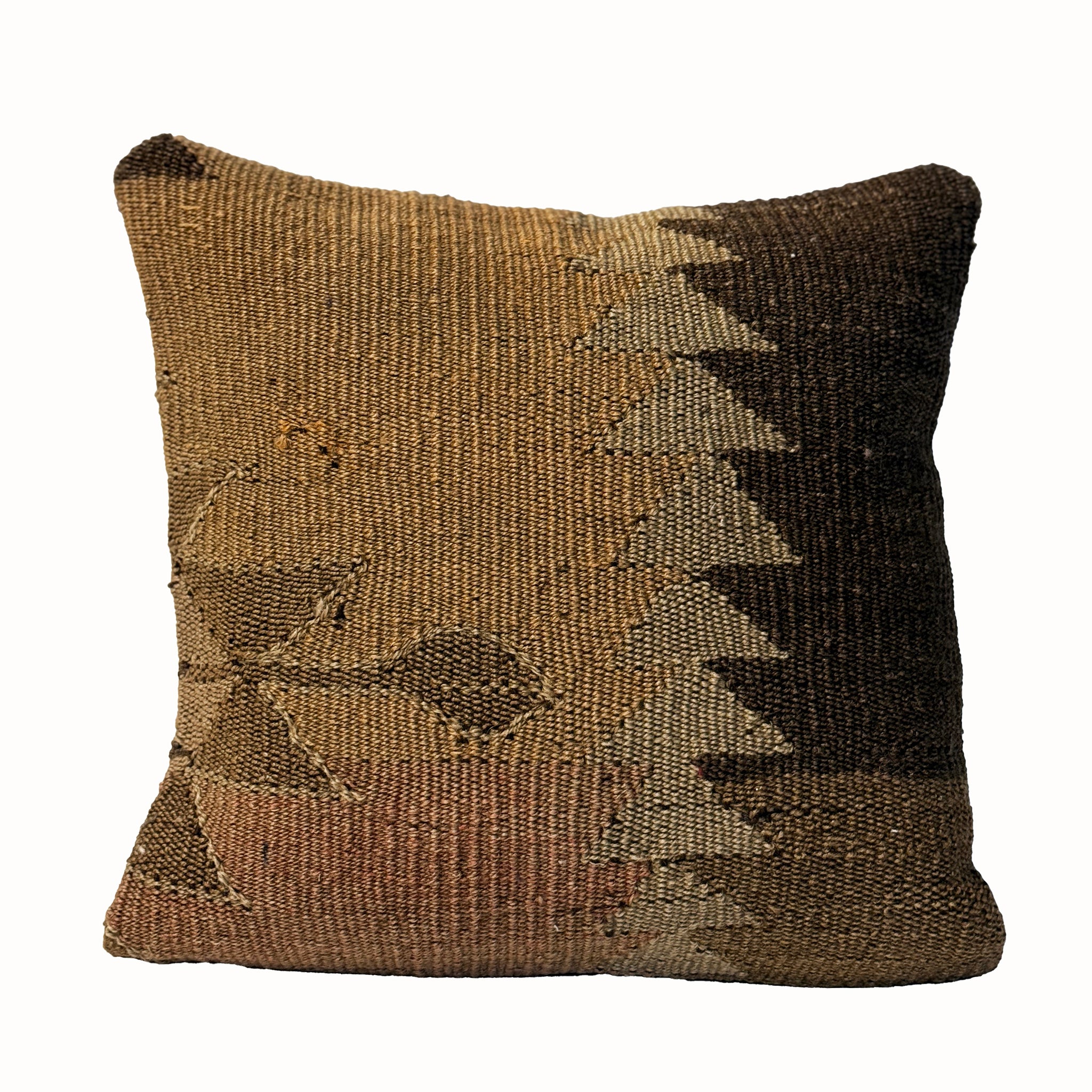 Olive Arrow vintage kilim pillow cover with olive, brown, cream, and charcoal arrow kilim motif, 16 x 16.