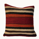 Classic Ember Stripe vintage kilim pillow cover with red, black, cream, and brown horizontal striped kilim pattern, 16 x 16.

