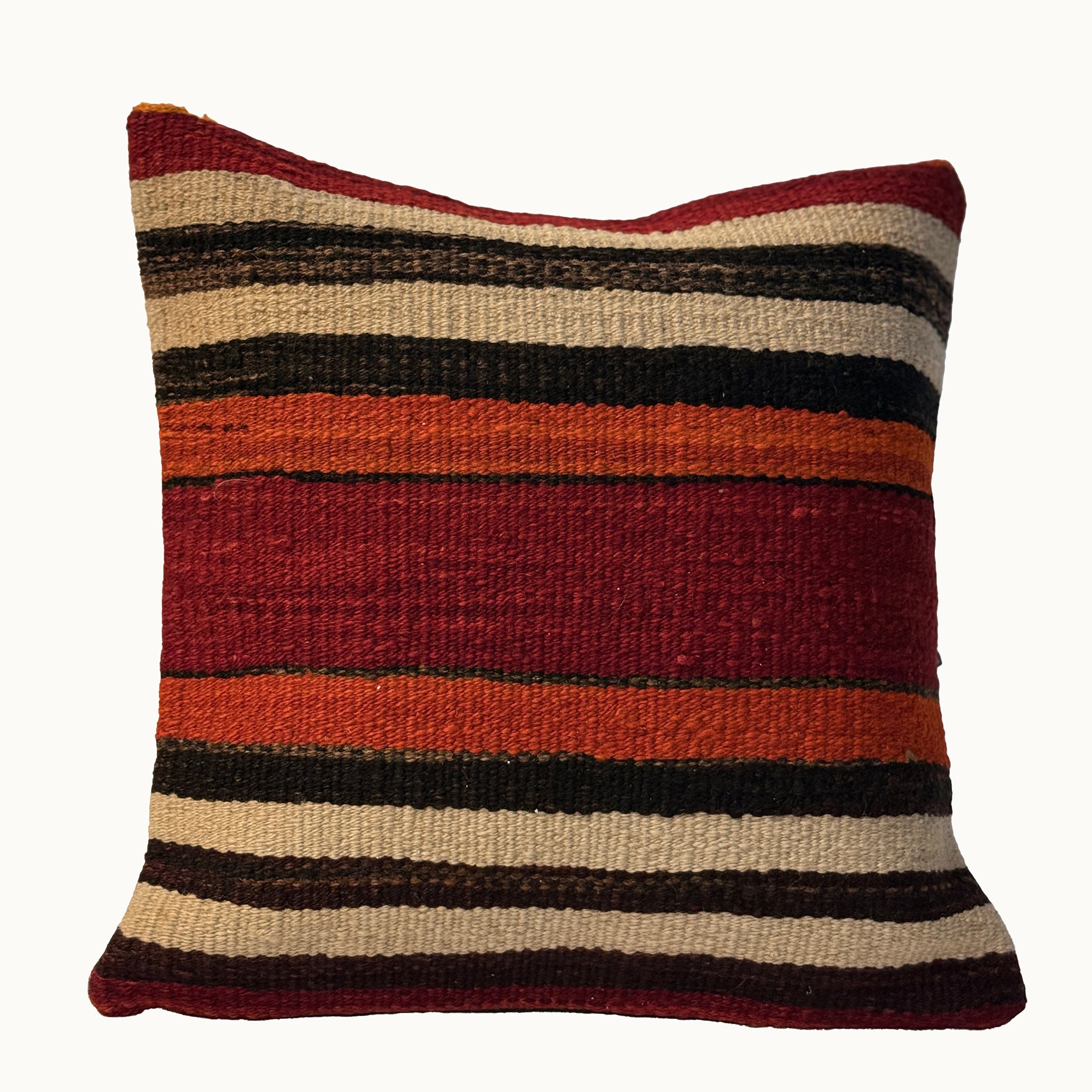 Classic Ember Stripe vintage kilim pillow cover with red, black, cream, and brown horizontal striped kilim pattern, 16 x 16.
