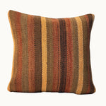 Sunset Stripe vintage kilim pillow cover with orange, rust, olive, tan, and brown vertical striped kilim pattern, 16 x 16.