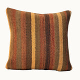 Sunset Stripe vintage kilim pillow cover with orange, rust, olive, tan, and brown vertical striped kilim pattern, 16 x 16.