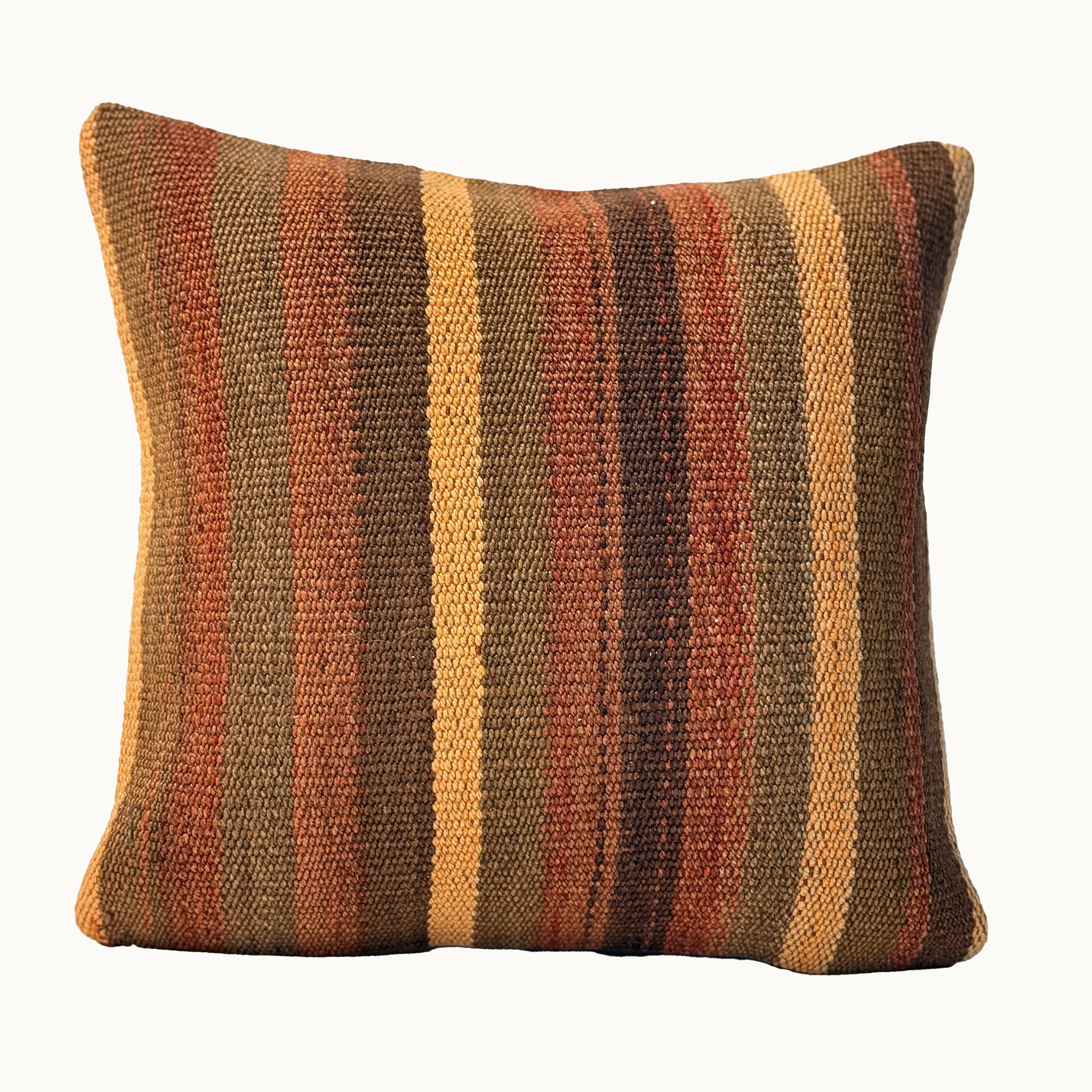 Sunset Stripe vintage kilim pillow cover with orange, rust, olive, tan, and brown vertical striped kilim pattern, 16 x 16.