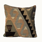Sand Step vintage kilim pillow cover with sand, taupe, black, and muted teal geometric step pattern, 16 x 16.
