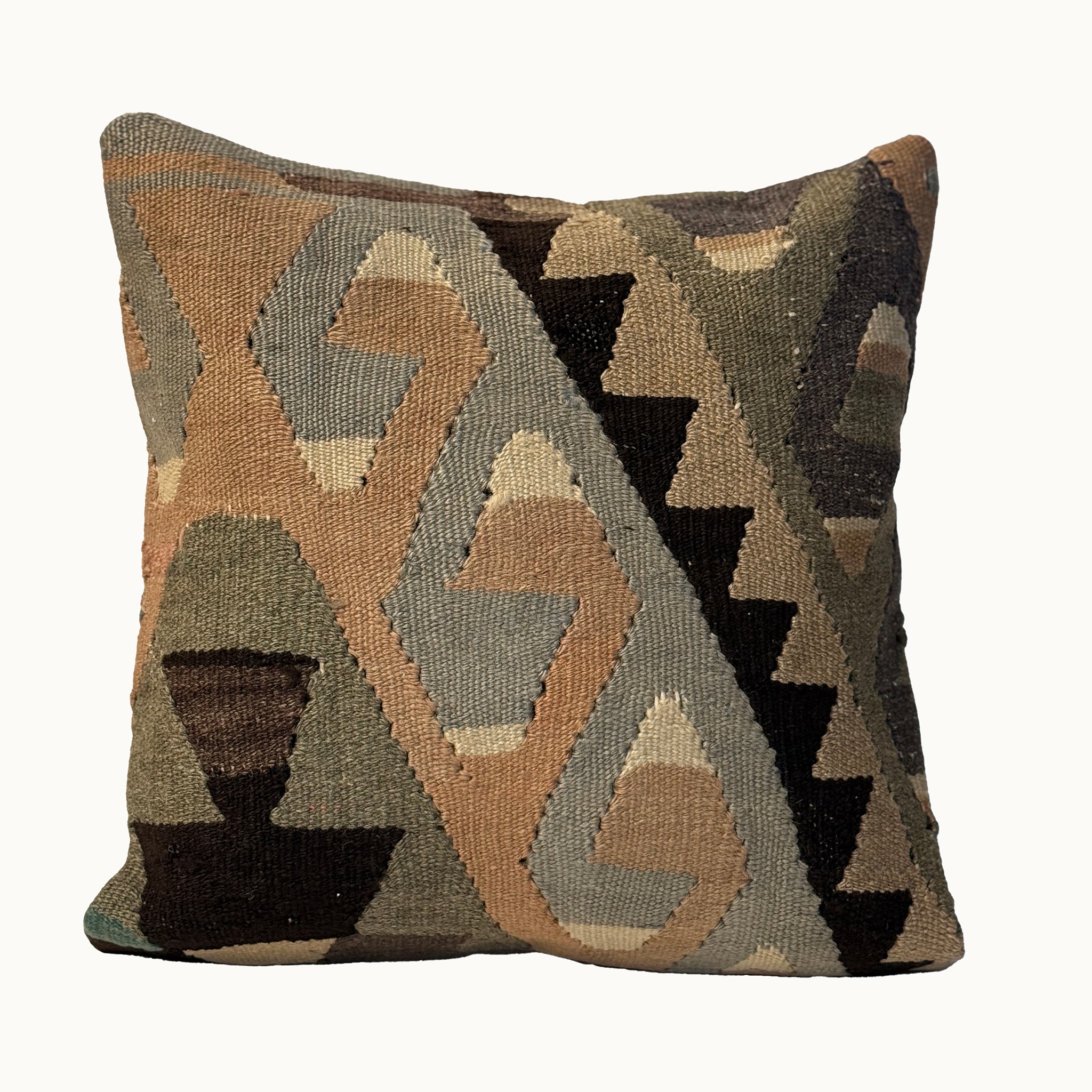 Sand Step vintage kilim pillow cover with sand, taupe, black, and muted teal geometric step pattern, 16 x 16.
