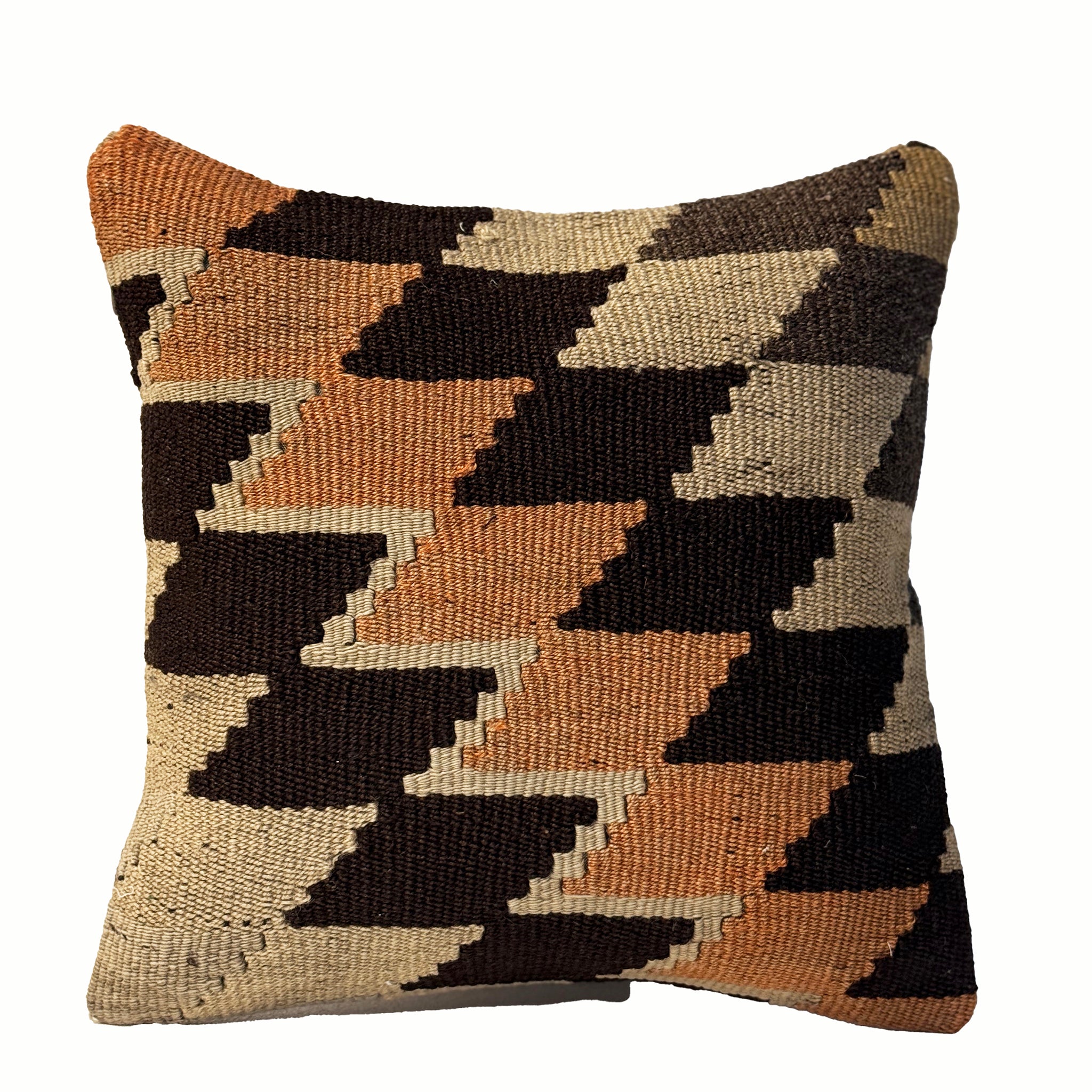Patchwork Check vintage kilim pillow cover with cream, black, tan, and rust checkerboard kilim pattern, 16 x 16.
