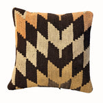 Chestnut Chevron vintage kilim pillow cover with cream, black, chestnut, and tan chevron kilim pattern, 16 x 16.
