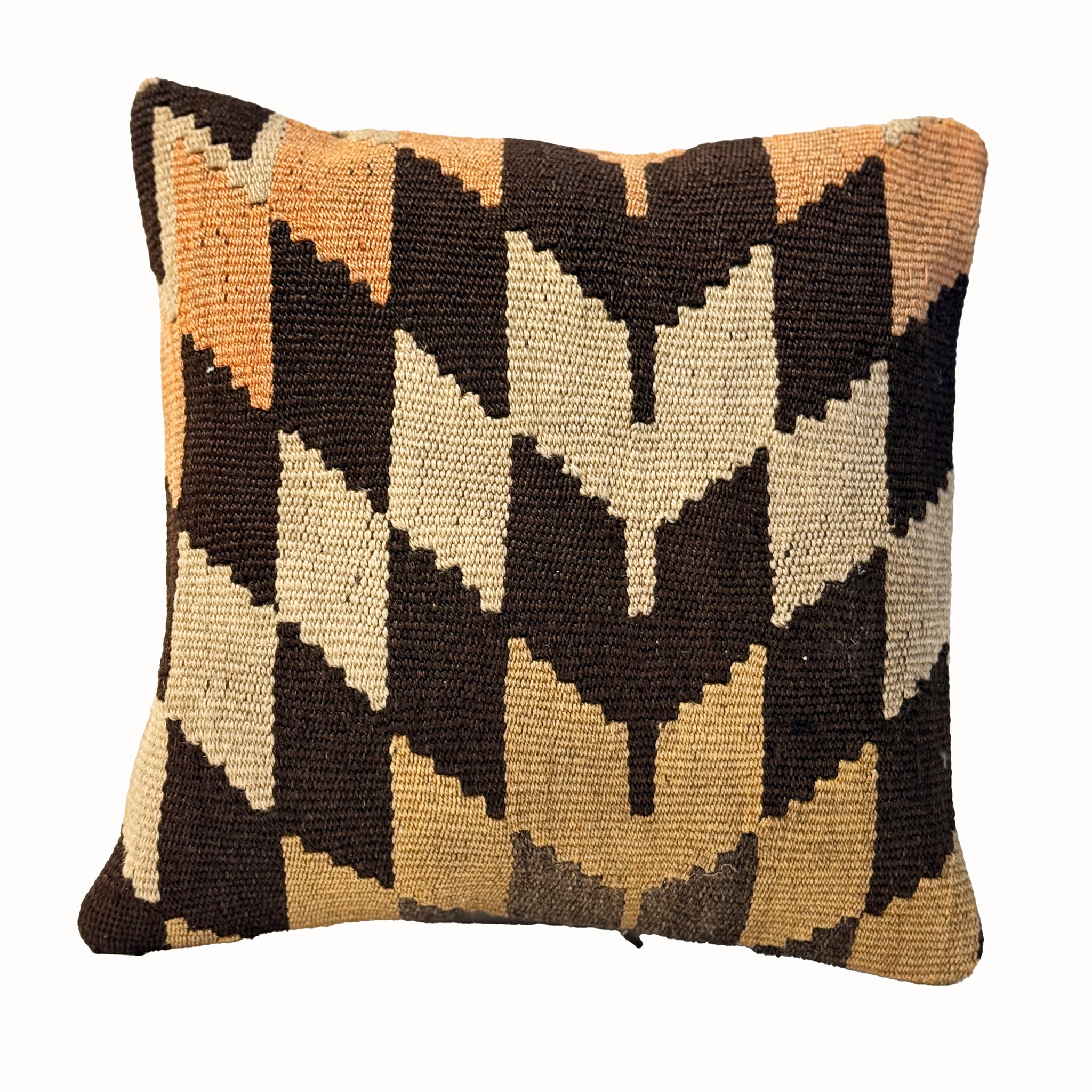 Chestnut Chevron vintage kilim pillow cover with cream, black, chestnut, and tan chevron kilim pattern, 16 x 16.
