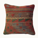 Faded Garden vintage kilim pillow cover with muted terracotta, sage, blue, and gray floral kilim pattern, 16 x 16.
