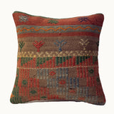 Faded Garden vintage kilim pillow cover with muted terracotta, sage, blue, and gray floral kilim pattern, 16 x 16.
