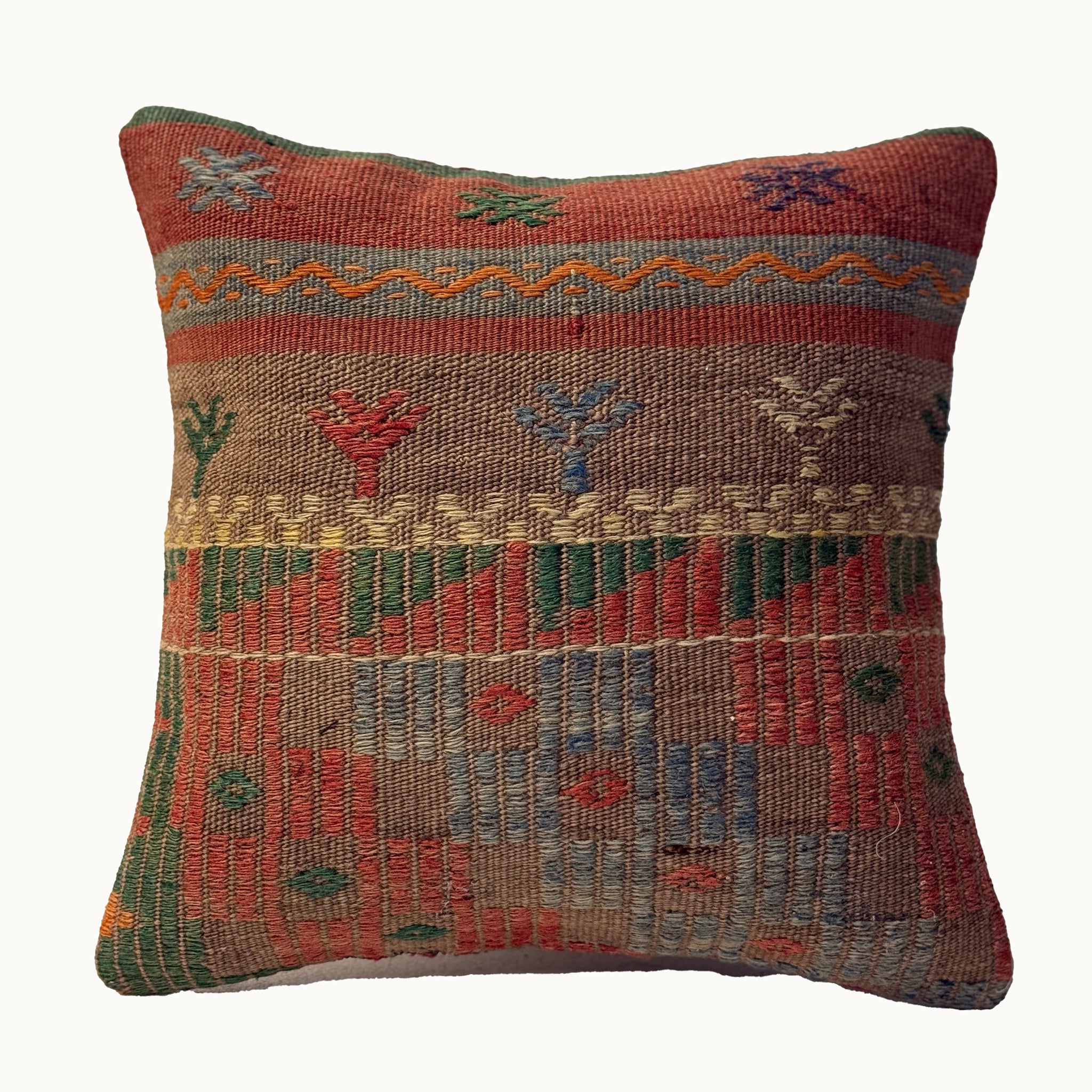 Faded Garden vintage kilim pillow cover with muted terracotta, sage, blue, and gray floral kilim pattern, 16 x 16.
