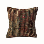 Umber Grid vintage kilim pillow cover with umber brown, tan, cream, and rust small-scale grid pattern, 16 x 16.
