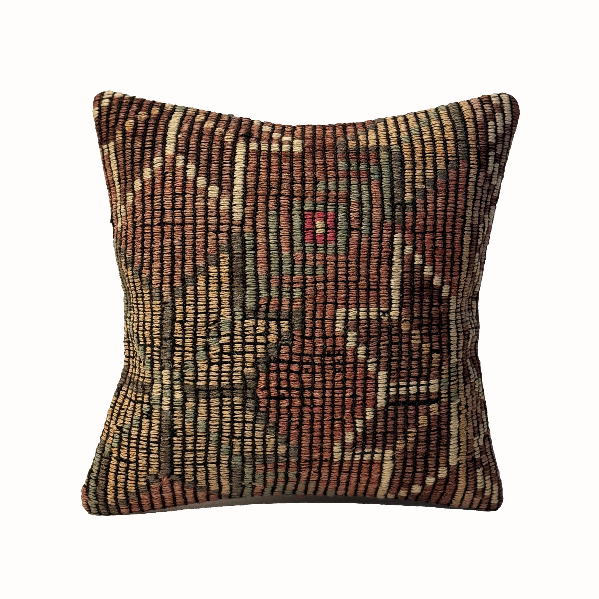 Umber Grid vintage kilim pillow cover with umber brown, tan, cream, and rust small-scale grid pattern, 16 x 16.
