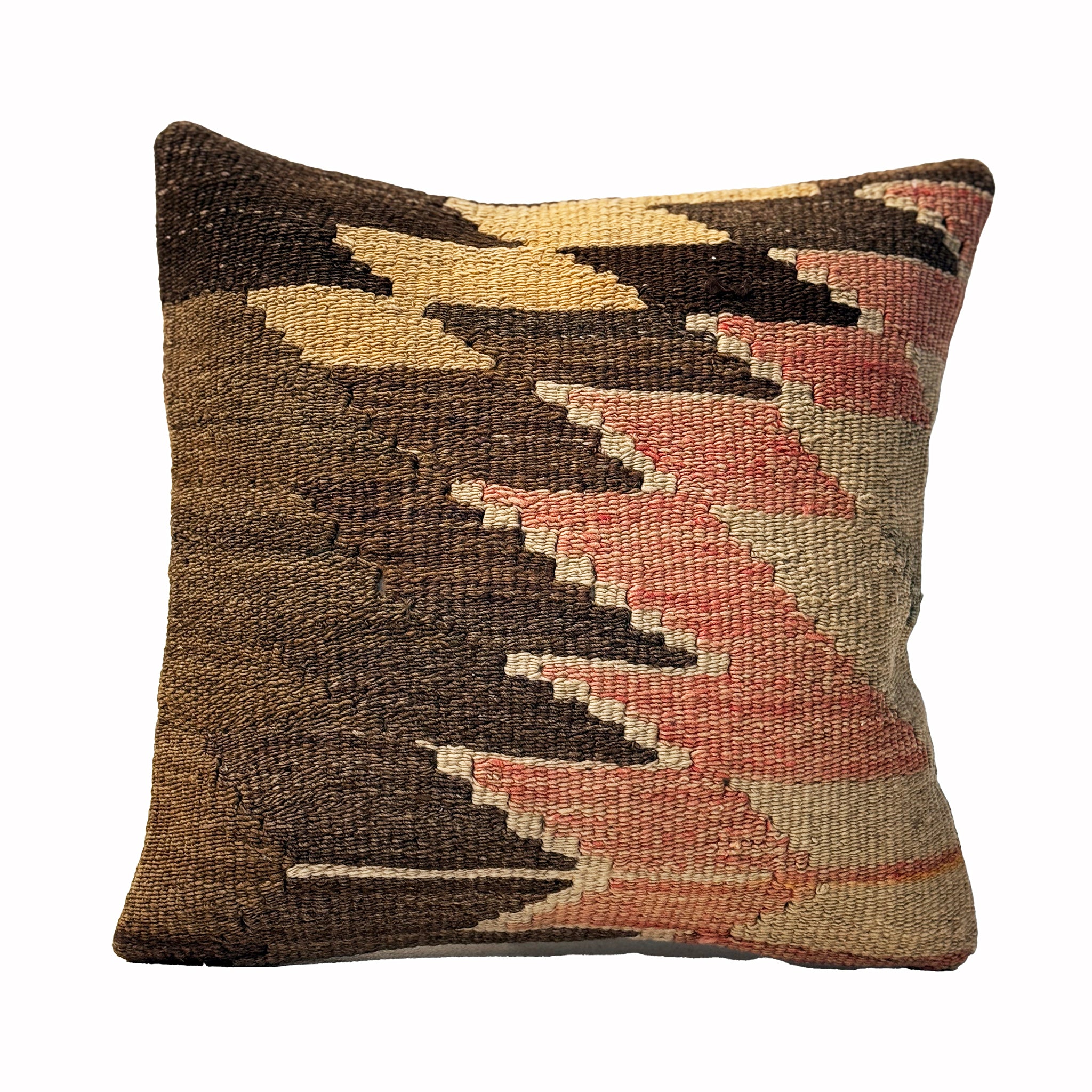 Desert Arrow vintage kilim pillow cover with brown, sand, cream, and soft terracotta arrow motif, 16 x 16.
