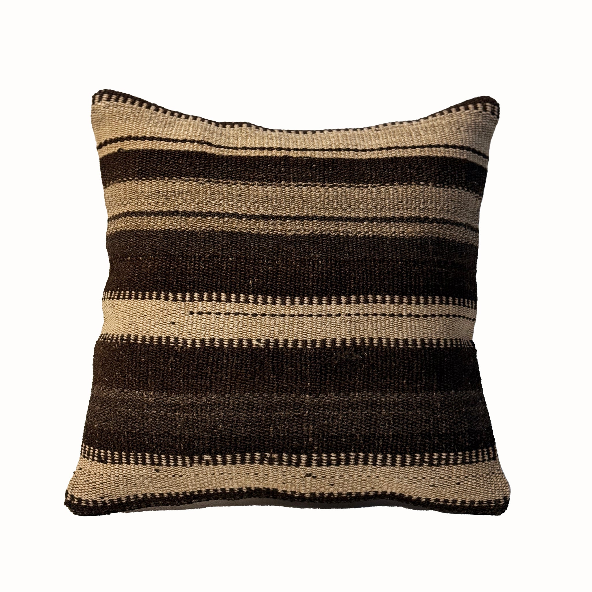 Brown and cream striped neutral kilim pillow cover handmade from vintage Turkish wool, 16x16