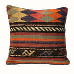 Nomad Border vintage kilim pillow cover with red, blue, cream, and black bordered kilim motif, 16 x 16.