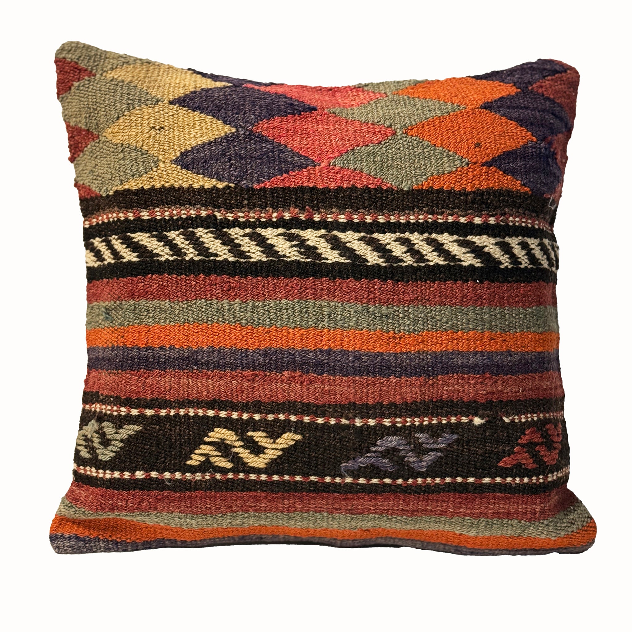 Nomad Border vintage kilim pillow cover with red, blue, cream, and black bordered kilim motif, 16 x 16.