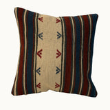 Sky Meadow vintage kilim pillow cover with soft blue, cream, red, and charcoal narrow striped kilim pattern, 16 x 16.
