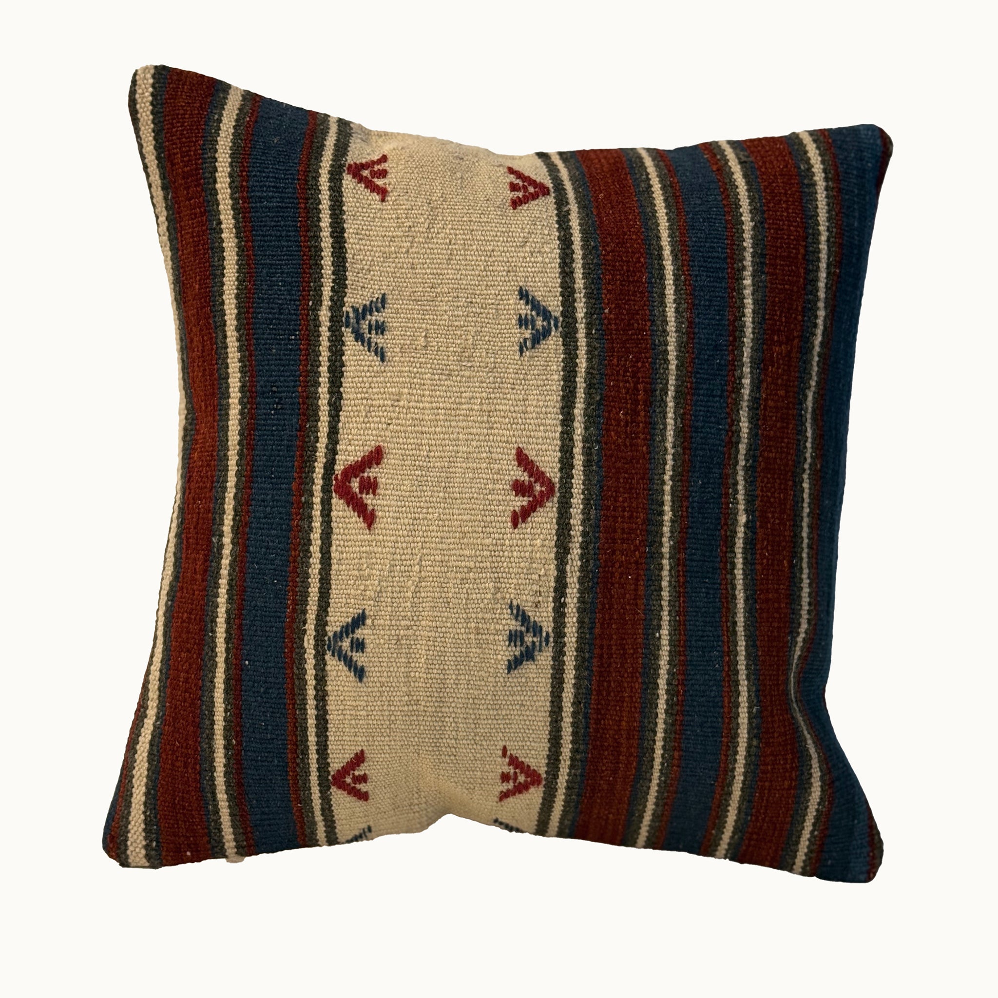 Sky Meadow vintage kilim pillow cover with soft blue, cream, red, and charcoal narrow striped kilim pattern, 16 x 16.
