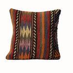 Anatolian Stripe vintage kilim pillow cover with blue, rust, cream, charcoal, and tan vertical kilim stripes, 16 x 16.
