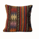 Anatolian Stripe vintage kilim pillow cover with blue, rust, cream, charcoal, and tan vertical kilim stripes, 16 x 16.

