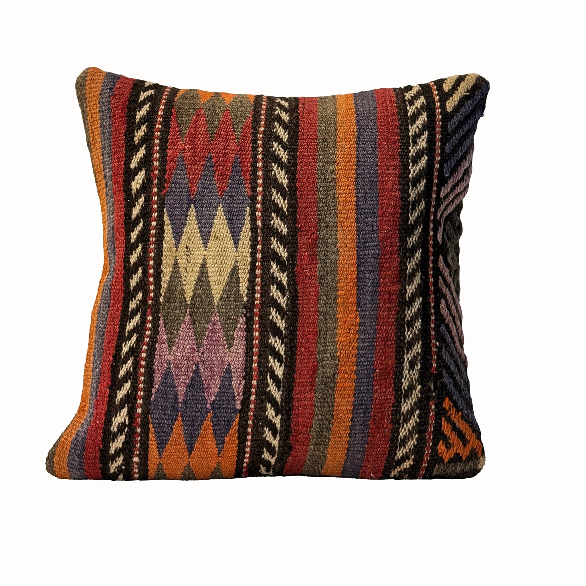 Anatolian Stripe vintage kilim pillow cover with blue, rust, cream, charcoal, and tan vertical kilim stripes, 16 x 16.
