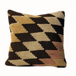 Sand Checker vintage kilim pillow cover with sand, black, cream, and tan checkerboard kilim pattern, 16 x 16.
