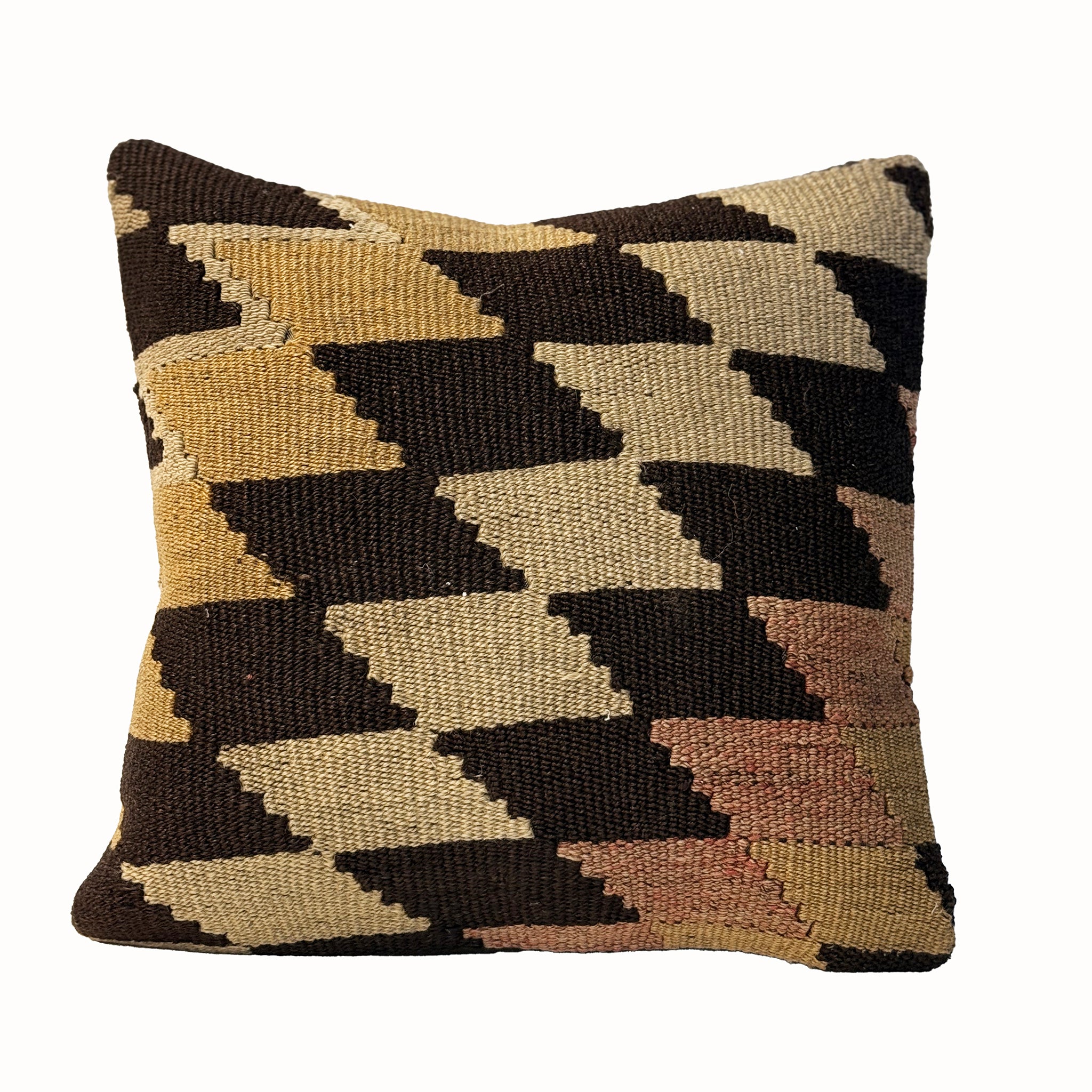 Sand Checker vintage kilim pillow cover with sand, black, cream, and tan checkerboard kilim pattern, 16 x 16.
