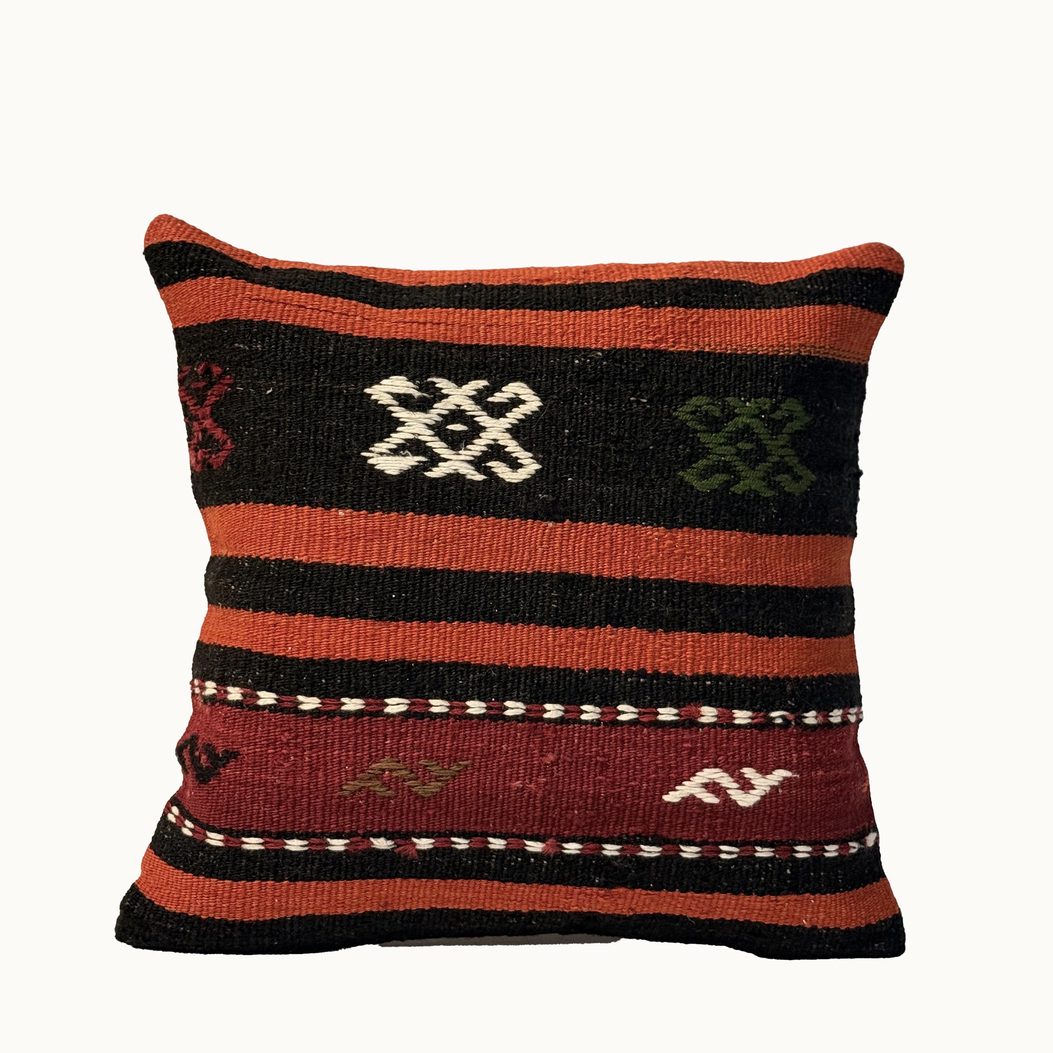 Black Ember Medallion vintage kilim pillow cover with black, red, cream, and green medallion kilim stripe, 16 x 16.
