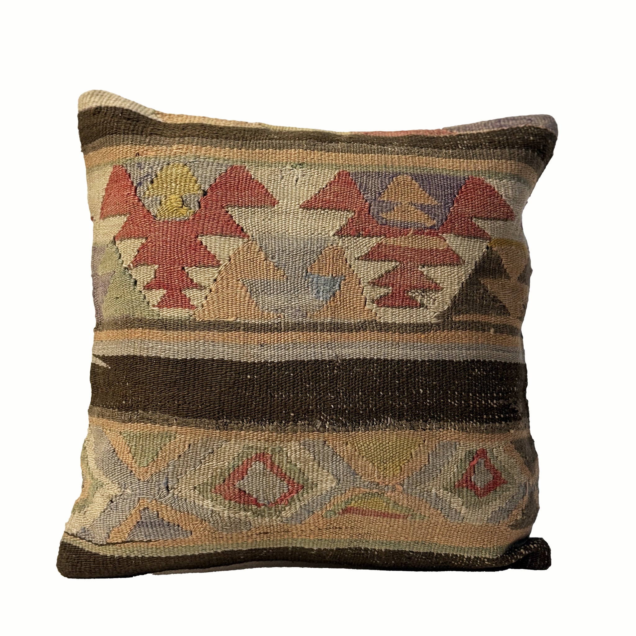 Muted Diamond vintage kilim pillow cover with taupe, sage, rust, and cream diamond kilim motif, 16 x 16.