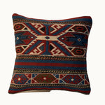 Indigo Heritage vintage kilim pillow cover with indigo blue, rust, cream, and brown heritage kilim motif, 16 x 16.
