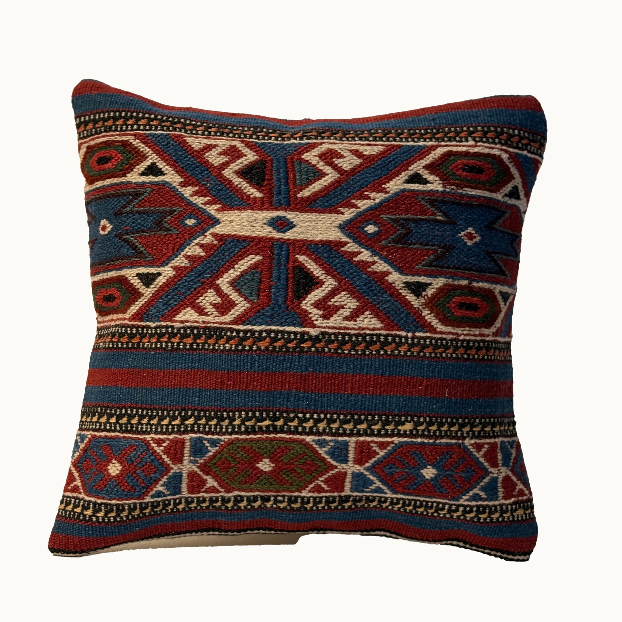 Indigo Heritage vintage kilim pillow cover with indigo blue, rust, cream, and brown heritage kilim motif, 16 x 16.
