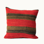 Ember Band vintage kilim pillow cover with red, black, charcoal, and muted green horizontal bands, 16 x 16.
