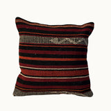 Crimson Line vintage kilim pillow cover with black, crimson red, cream, and brown striped kilim pattern, 16 x 16.
