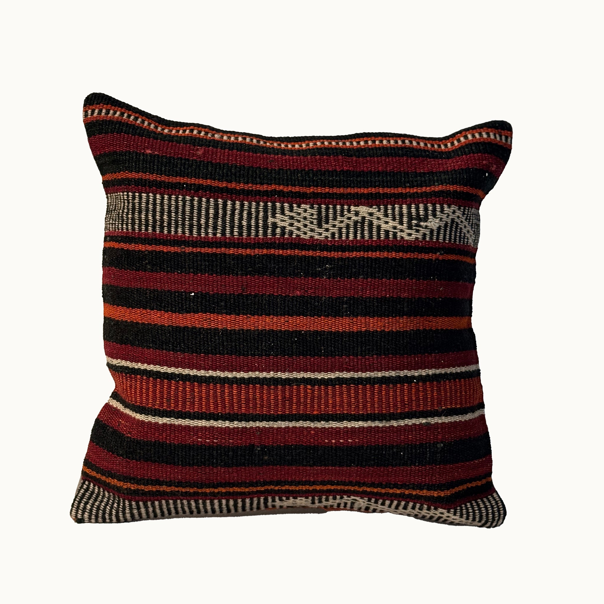 Crimson Line vintage kilim pillow cover with black, crimson red, cream, and brown striped kilim pattern, 16 x 16.
